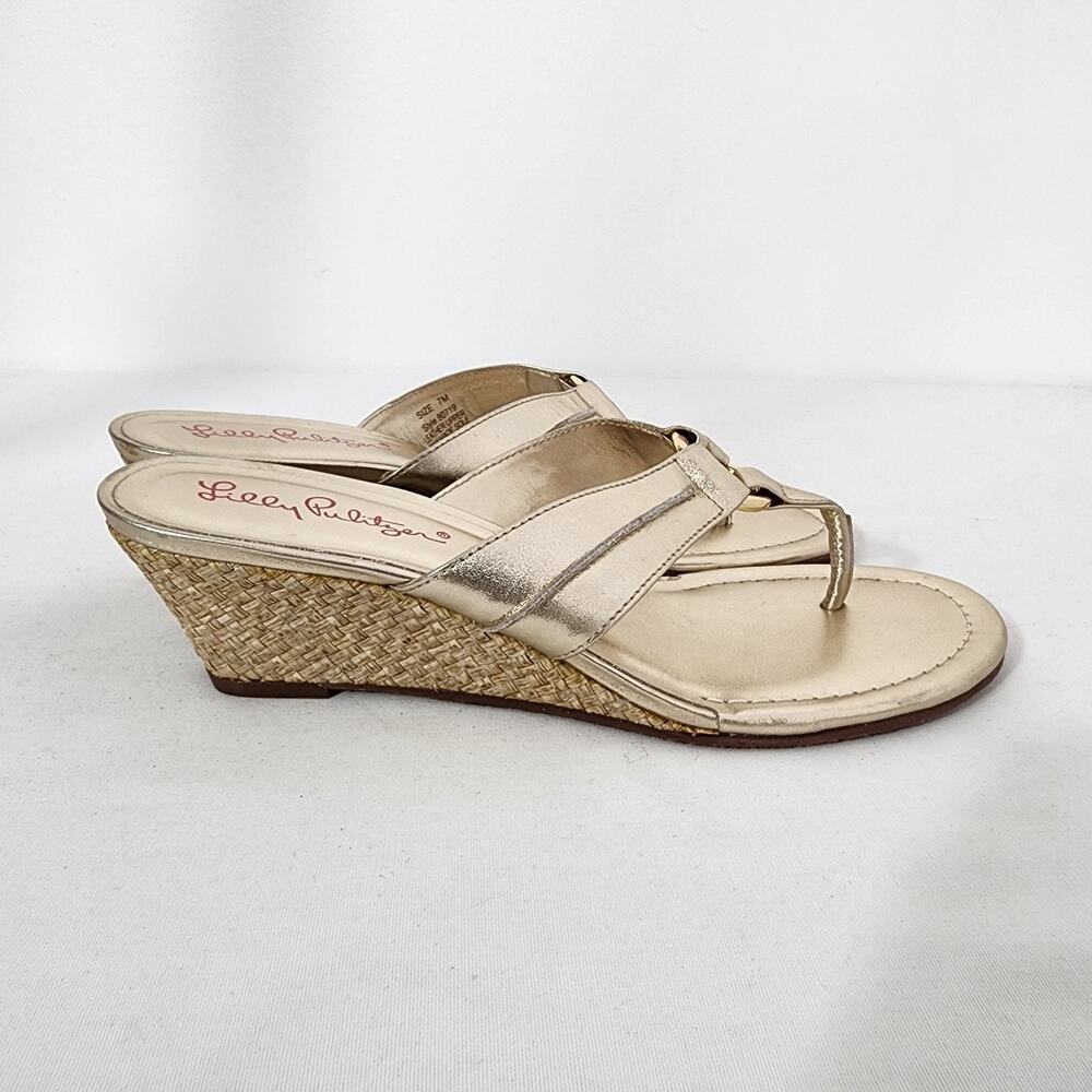 Lilly Pulitzer Womens McKim Wedge Sandal Gold Metallic Leather Thong Size 7M - Picture 5 of 10
